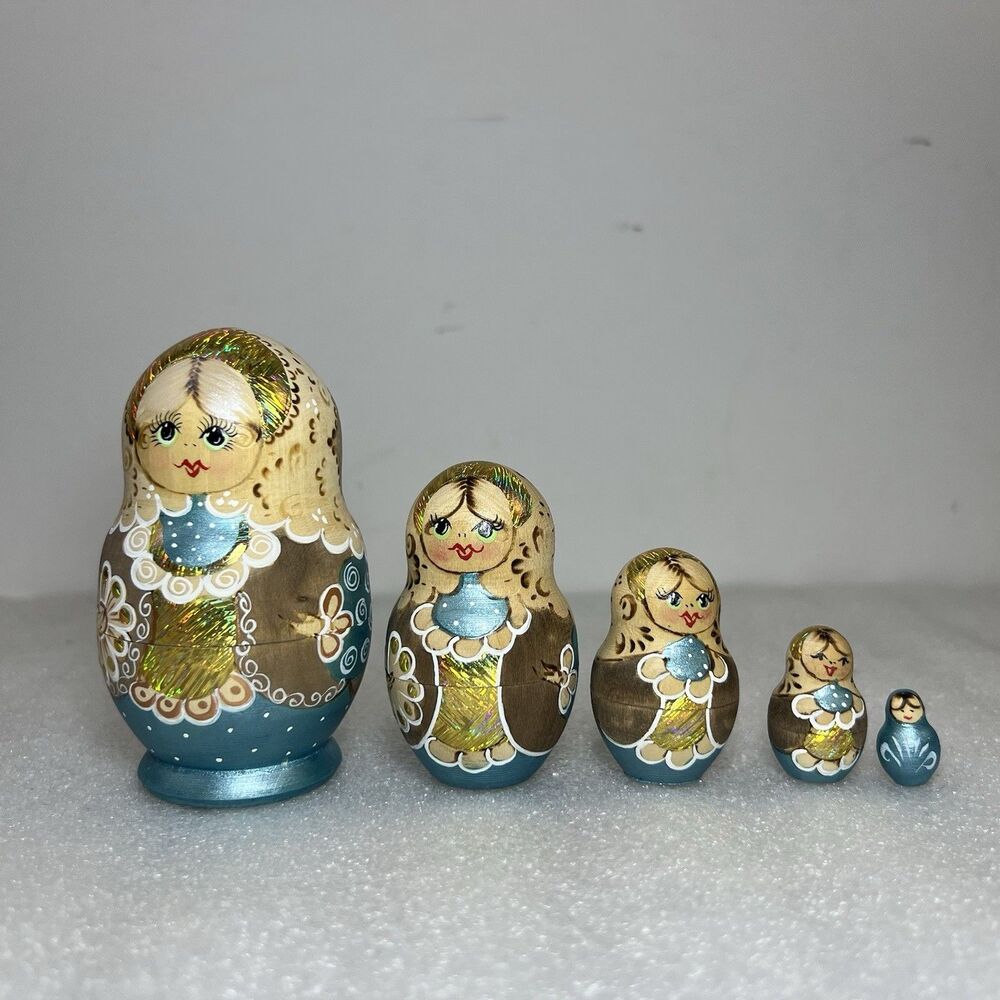 Vintage Matryoshka Russian Nesting Dolls 5-Piece Blue & Gold Paint Signed